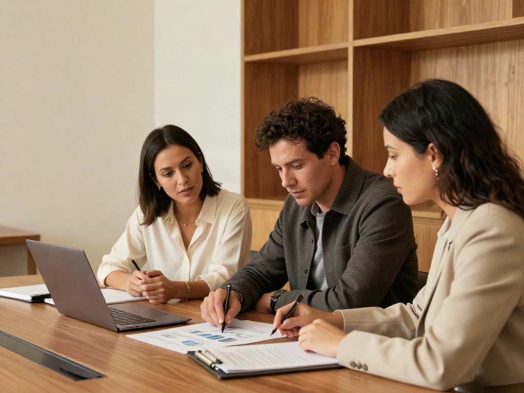 Consultants working together to review business analytics and agree on strategic priorities